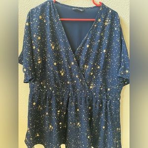 Star Printed Elastic Waist Ruffled V Neck Blouse